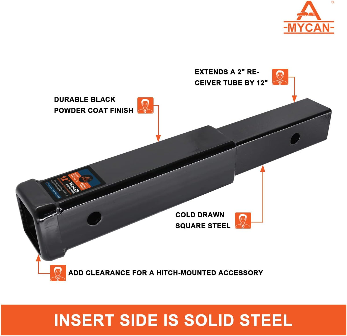 Hitch Extension 12 Long Solid Trailer Extender for 2 Receiver Tube Tow Bar Steel Shank Heavy Duty 3500 lbs Pack of 2 H722