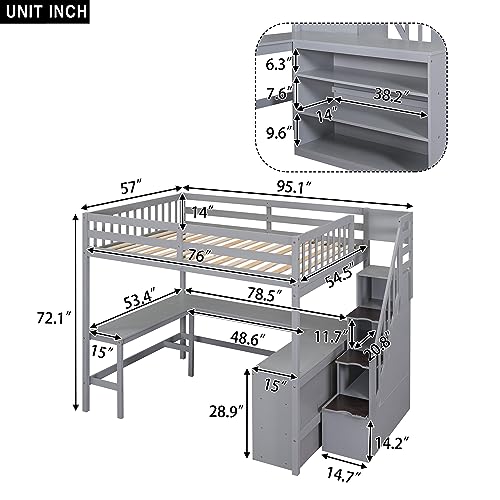 Gray Full Size Loft Bed with Desk Wardrobe 3 Drawers 2 Shelves K77896