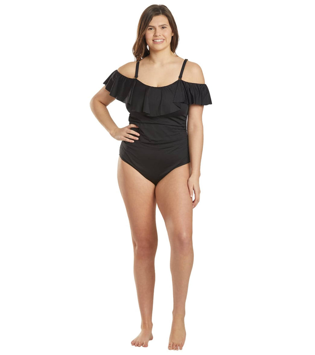 Plus Size Off-The-Shoulder One-Piece Swimsuit - Black L507