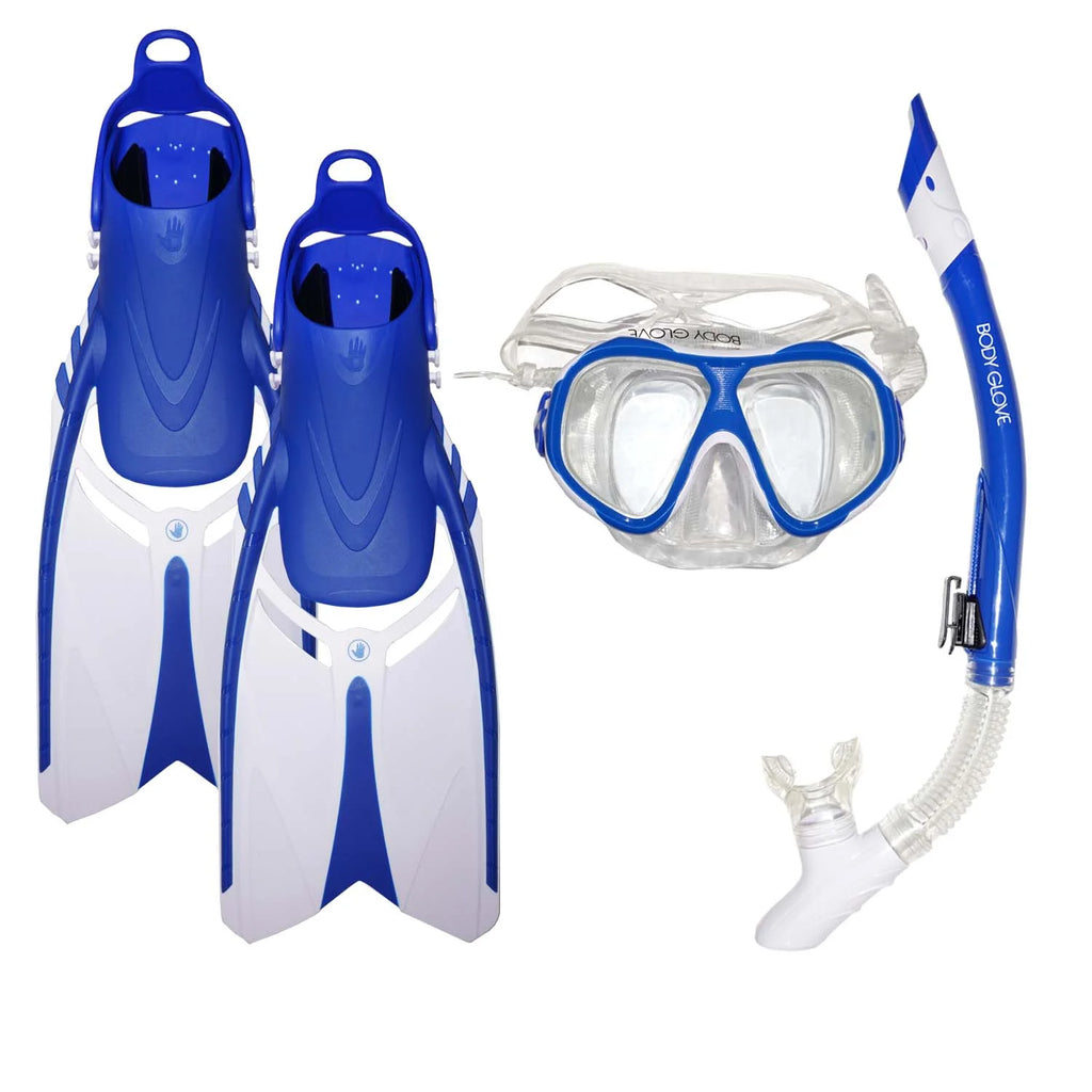 Snorkeling Set Dive Mask Snorkel Fins Tempered Glass Silicone Dry Top Flex Tube K818258