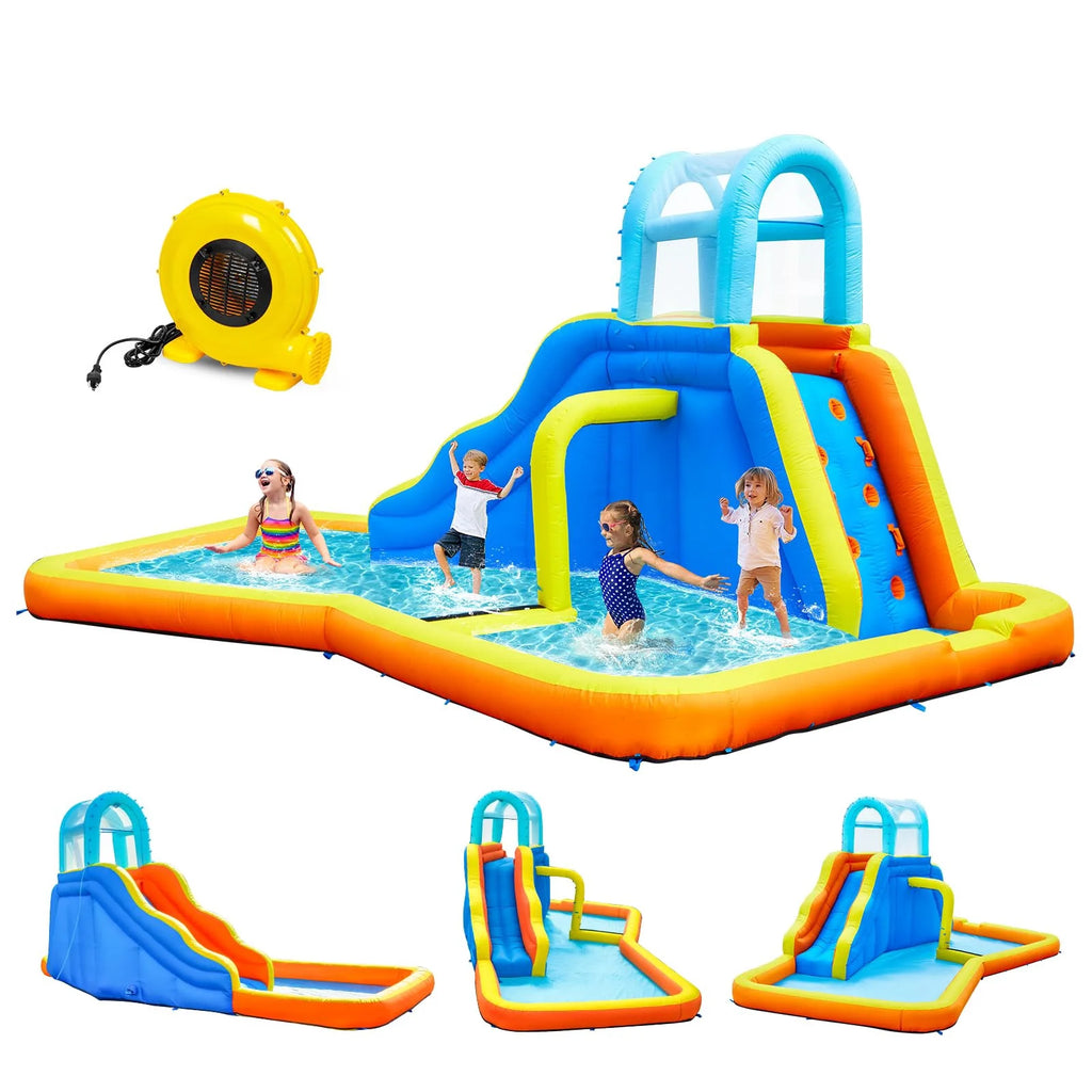 Inflatable Water Slide Park with Spray Pool, Bounce House with Climbing Wall and Blower F42379