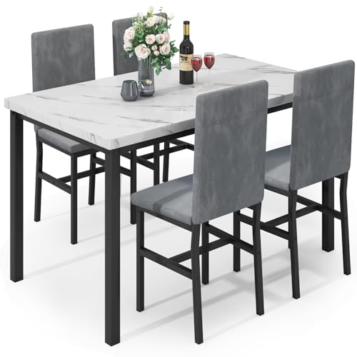 Dining Table Set for 4 with Faux Marble Tabletop and 4 PU Leather Chairs N222374