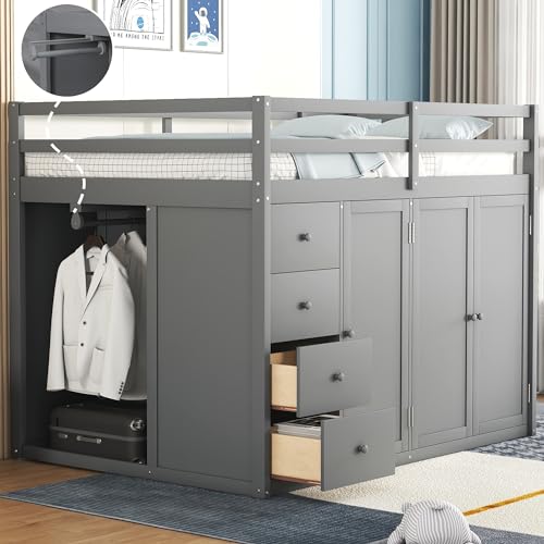 Gray Full Size Loft Bed with Desk Wardrobe 3 Drawers 2 Shelves K77896