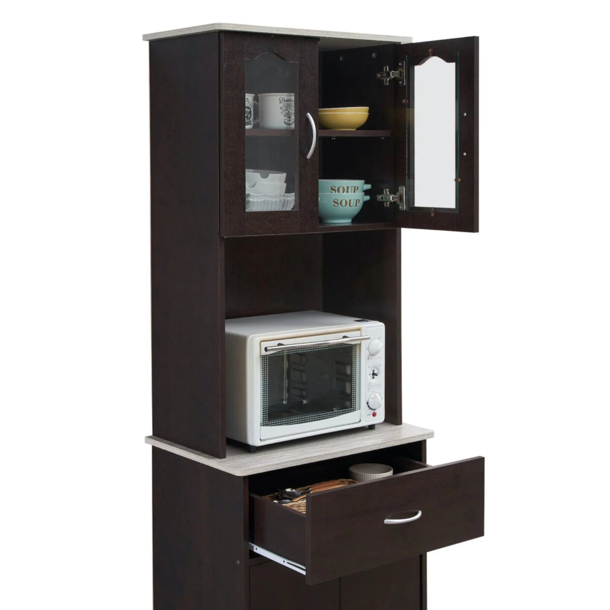 4-Door 1-Drawer Kitchen China Cabinet in Chocolate Wood D564