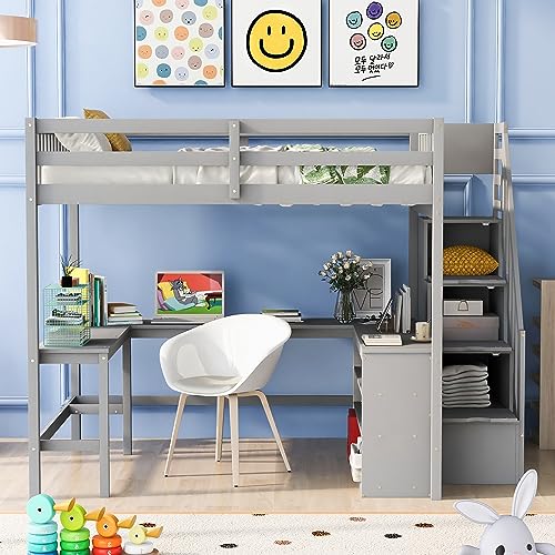Gray Full Size Loft Bed with Desk Wardrobe 3 Drawers 2 Shelves K77896