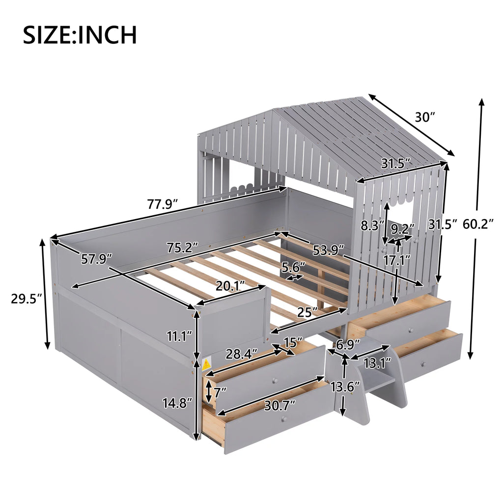 Full Size Low Loft Bed with Four Drawers, Gray Y318