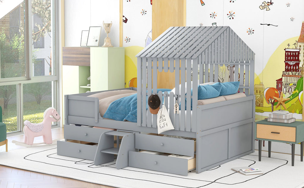 Full Size Low Loft Bed with Four Drawers, Gray Y318