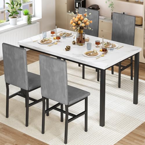 Dining Table Set for 4 with Faux Marble Tabletop and 4 PU Leather Chairs N222374