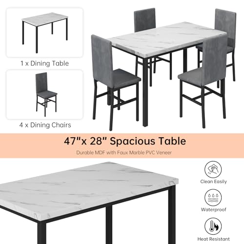 Dining Table Set for 4 with Faux Marble Tabletop and 4 PU Leather Chairs N222374