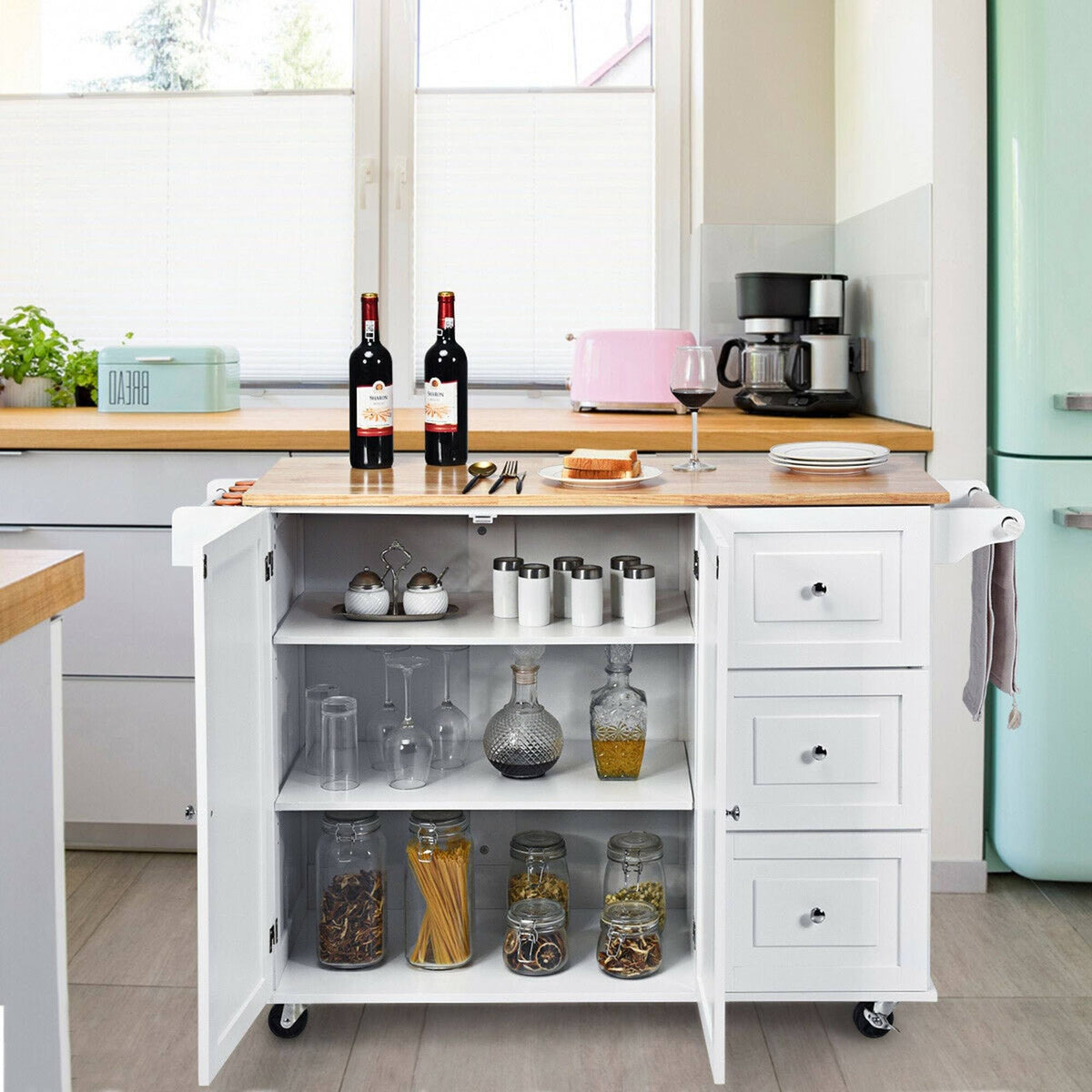 White Drop-Leaf Kitchen Island Trolley Cart Wood Storage Cabinet Q238616