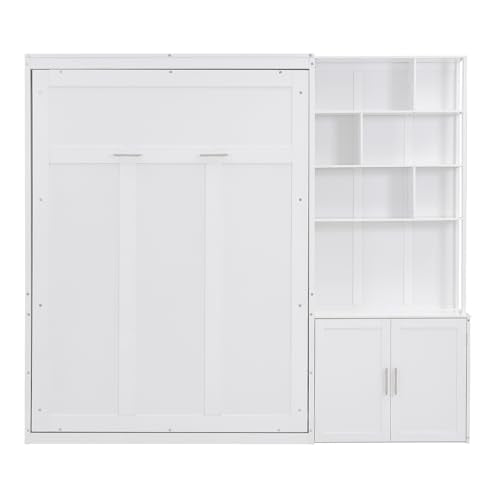 White Wood Full Size Murphy Bed with Storage Shelves R631