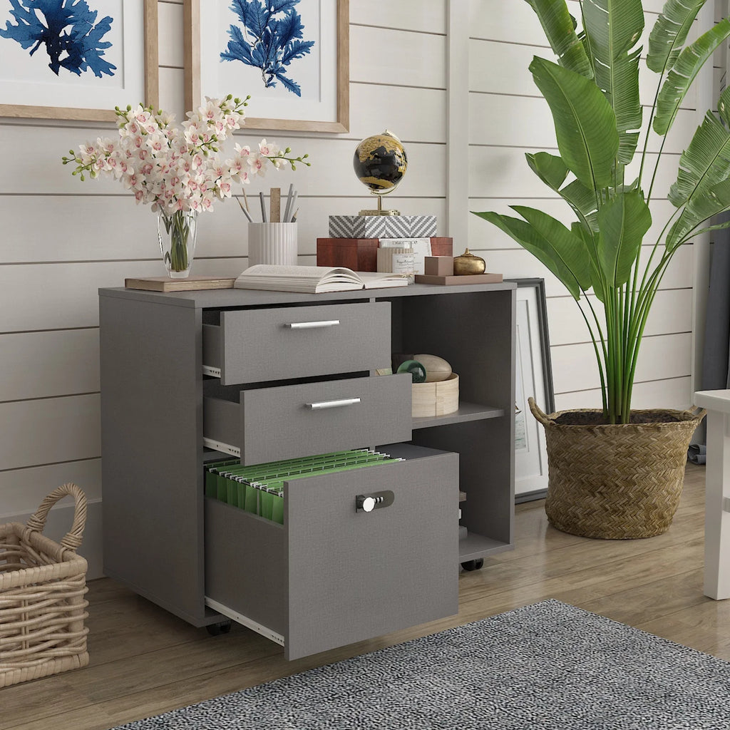 Mobile Lateral Filing Cabinet with Open Storage Shelves J78930