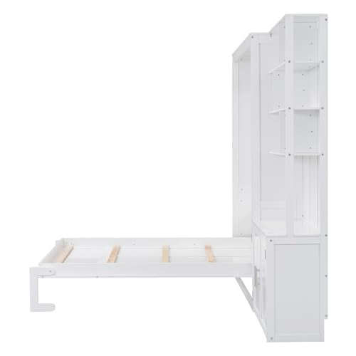 White Wood Full Size Murphy Bed with Storage Shelves R631