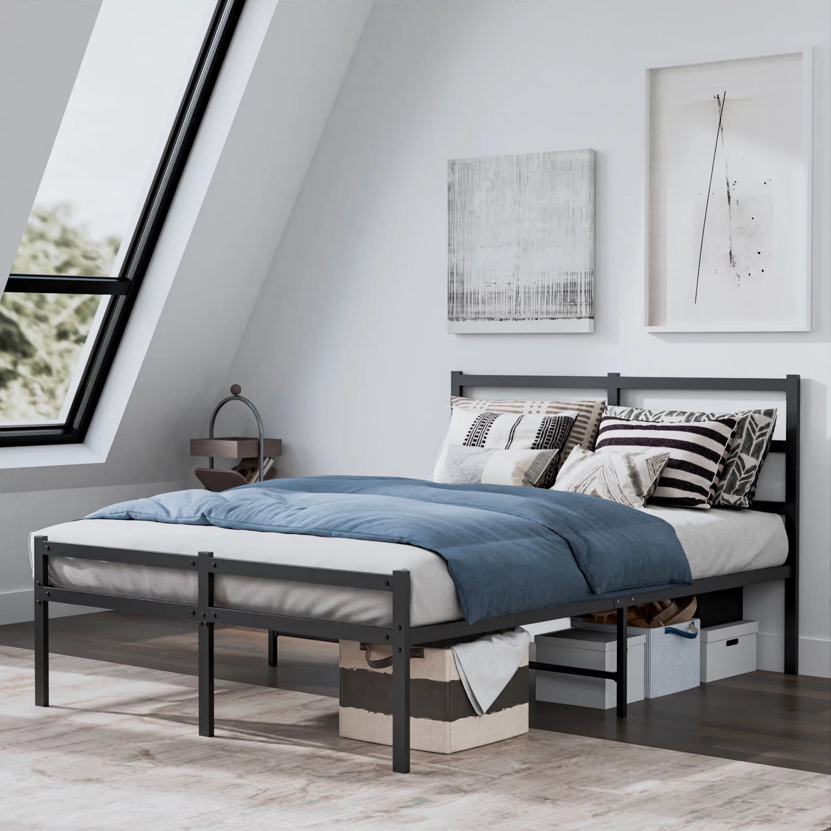 Twin Size Black Metal Platform Bed Frame with Headboard X9034