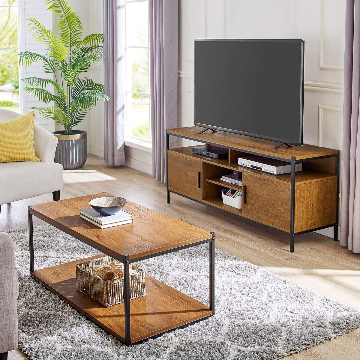 Brown Oak Wood Look Entertainment Center with Two Doors and Storage Shelves M34241