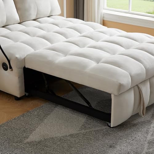 48" Convertible Sleeper Sofa Couch Bed, 3-in-1 Velvet Tufted Pull Out Couch with Charge Ports and Phone Holders, Comfy Modern Loveseat Sleeper Chaise Lounge (Grey) B101