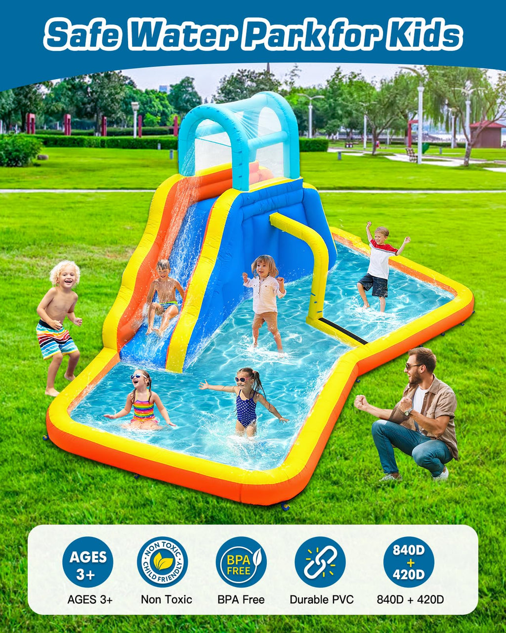 Inflatable Water Slide Park with Spray Pool, Bounce House with Climbing Wall and Blower F42379