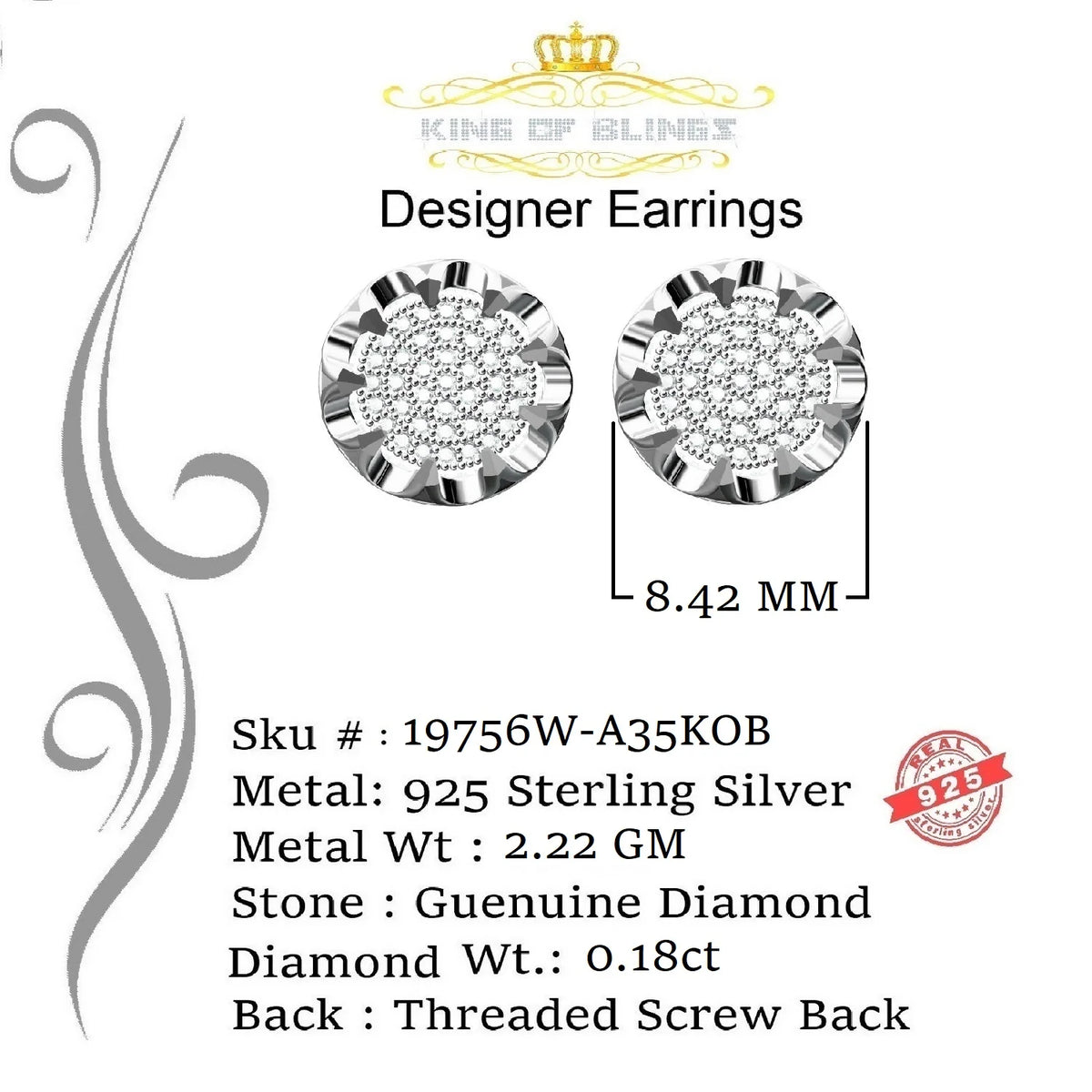 925 Sterling Silver Diamond Stud Earrings S91132