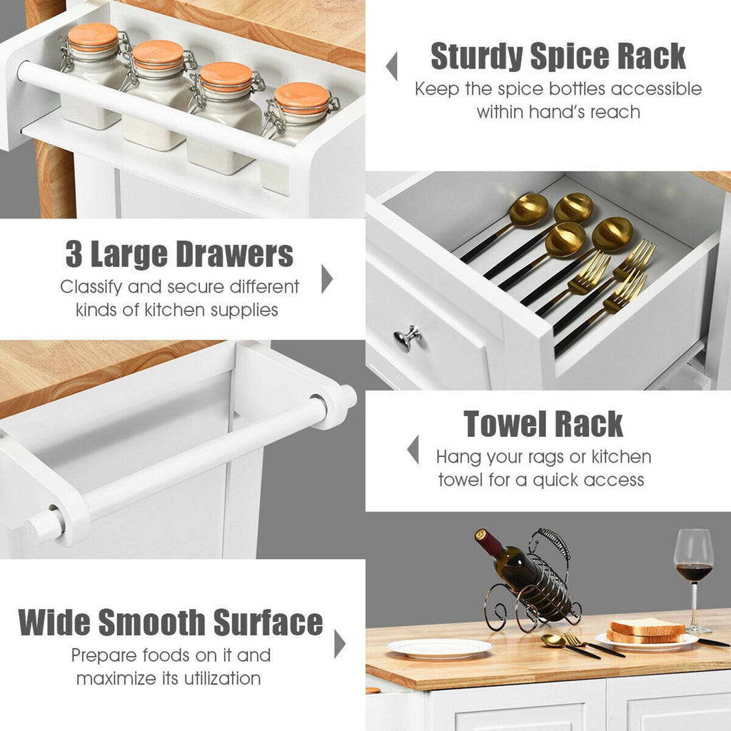 White Drop-Leaf Kitchen Island Trolley Cart Wood Storage Cabinet Q238616