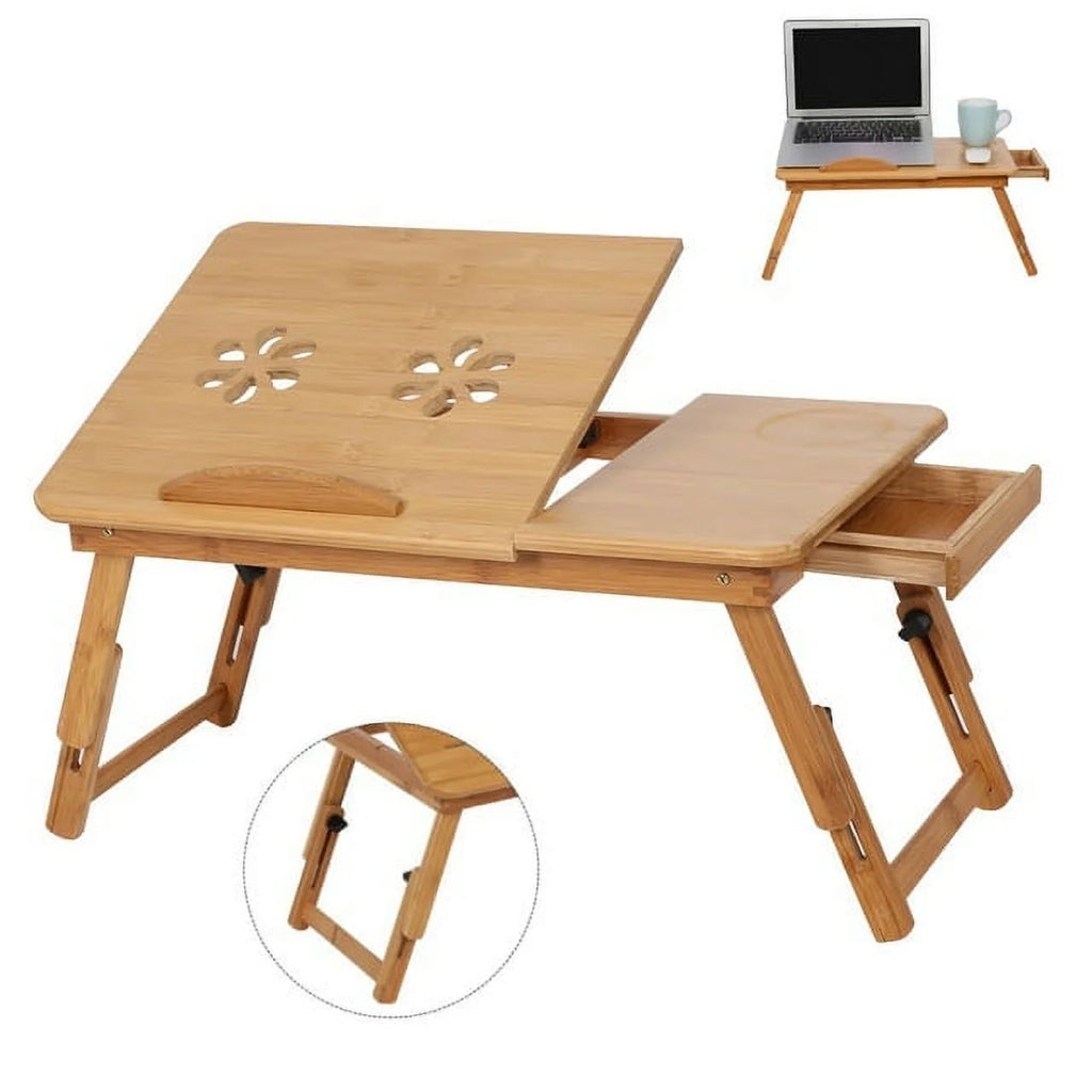 Bamboo Portable Laptop Desk with Tilt Top and Storage Drawer F872797