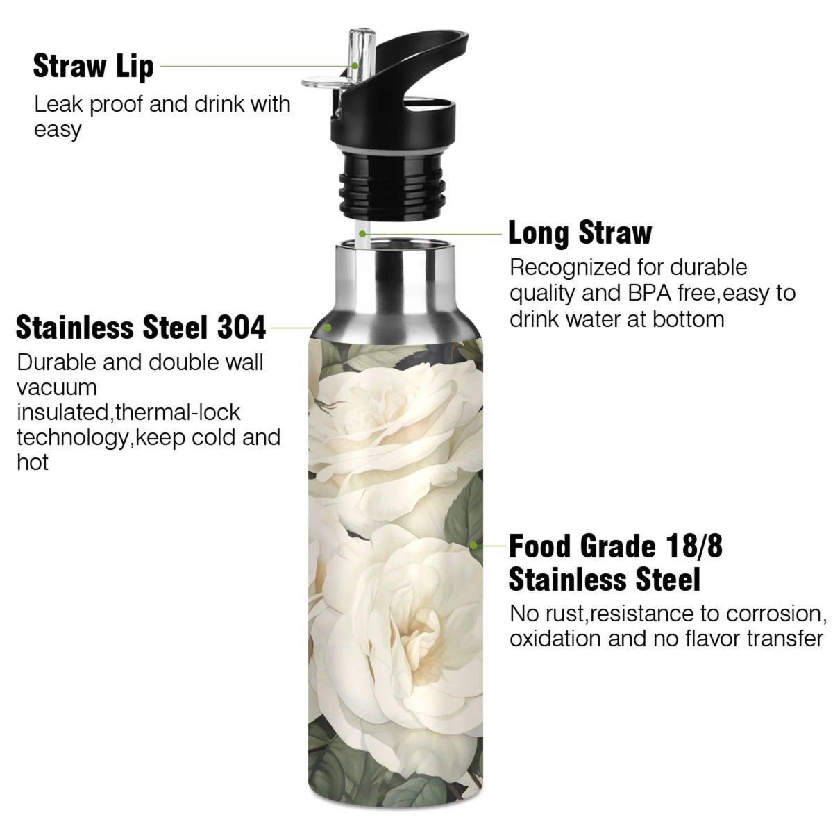 White Roses Stainless Steel Insulated Water Bottle with Straw Lid Z26720