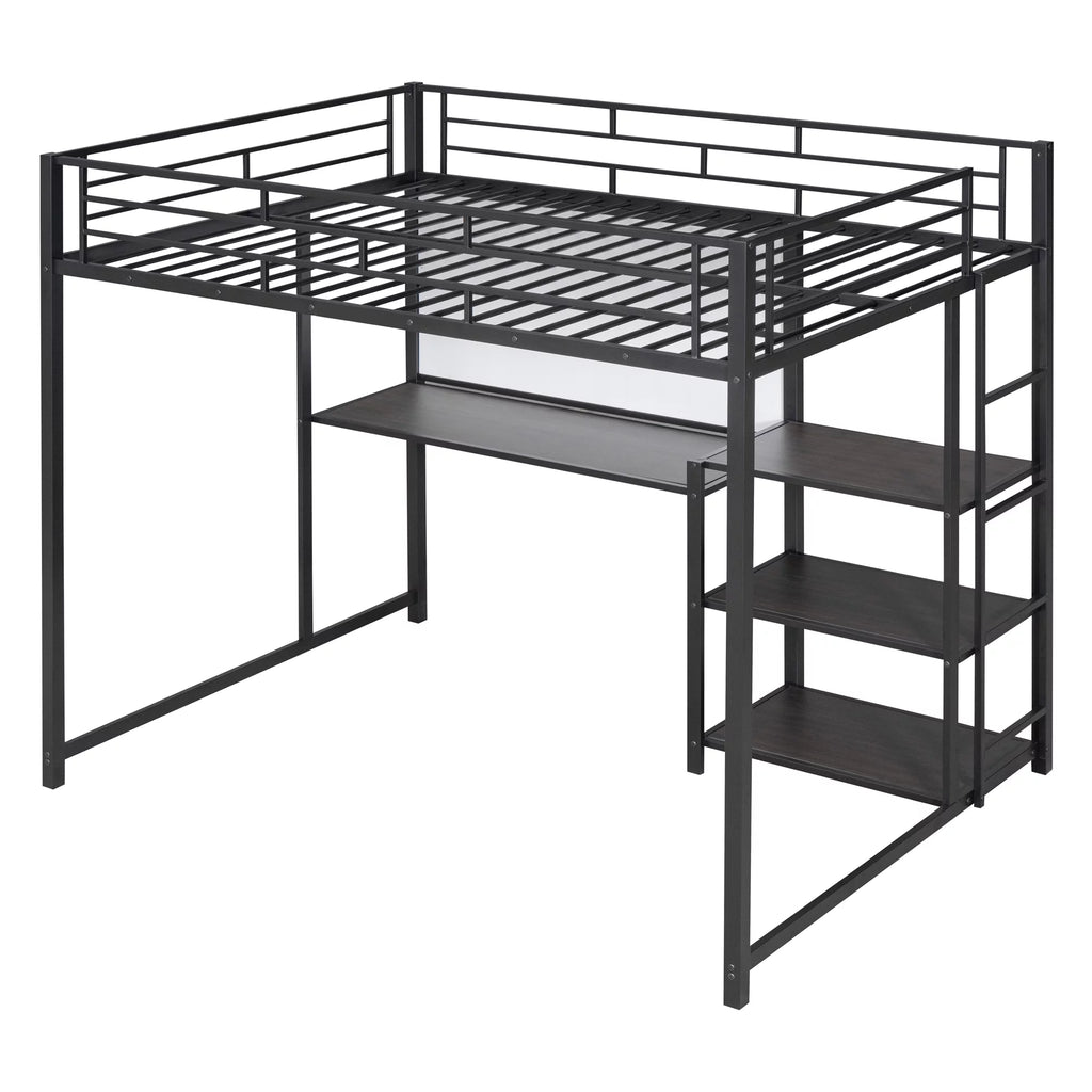 Full Size Black Metal Loft Bed with Desk and Whiteboard N1137