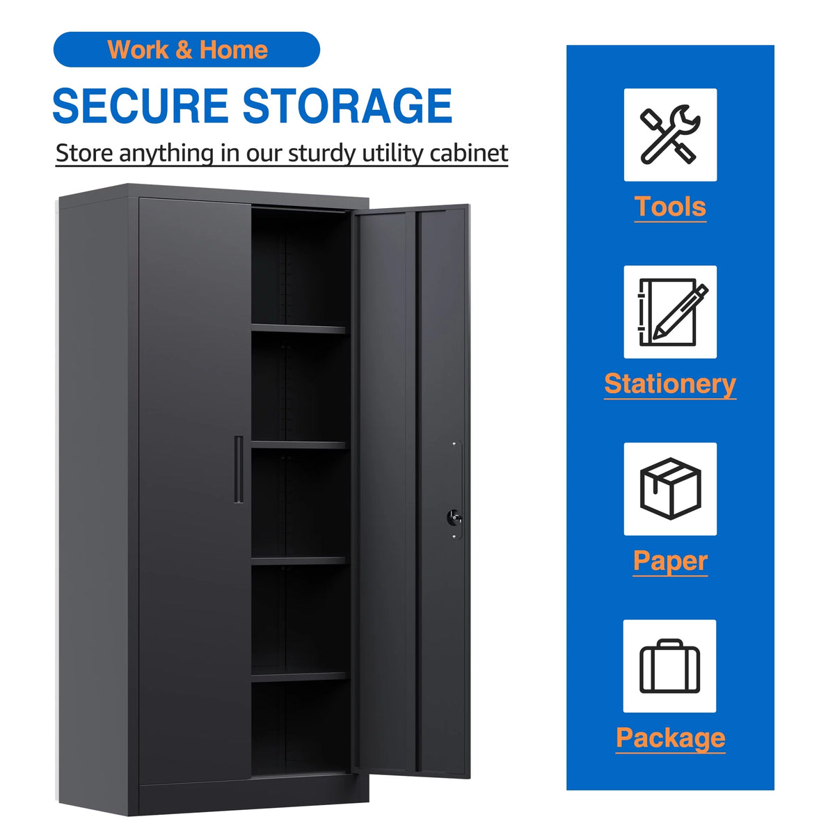 Black Metal Storage Cabinet with Lockable Doors and Shelves Z6116