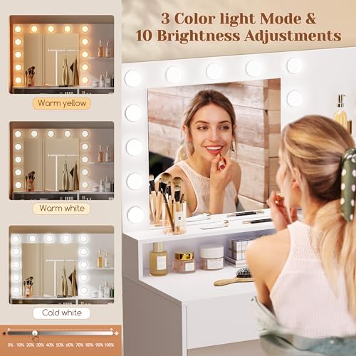 White Vanity Desk with Mirror & Lights V570586