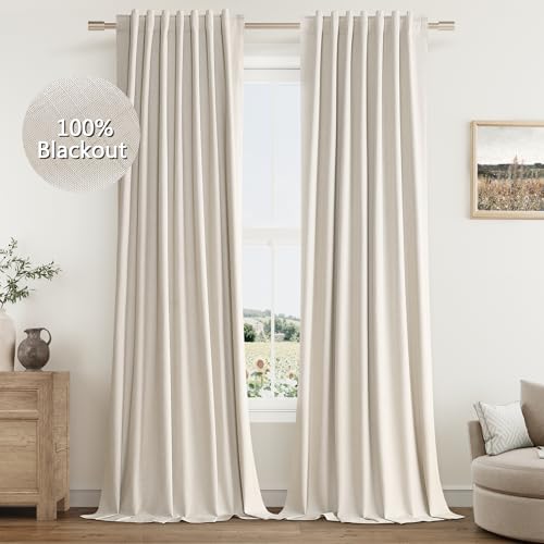 Cream Linen Blackout Curtains 102 Inch Length 2 Panels Set F782937