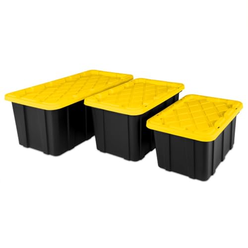 38 Gallon Black/Yellow Stackable Storage Tote with Lid, 8 Pack U4376