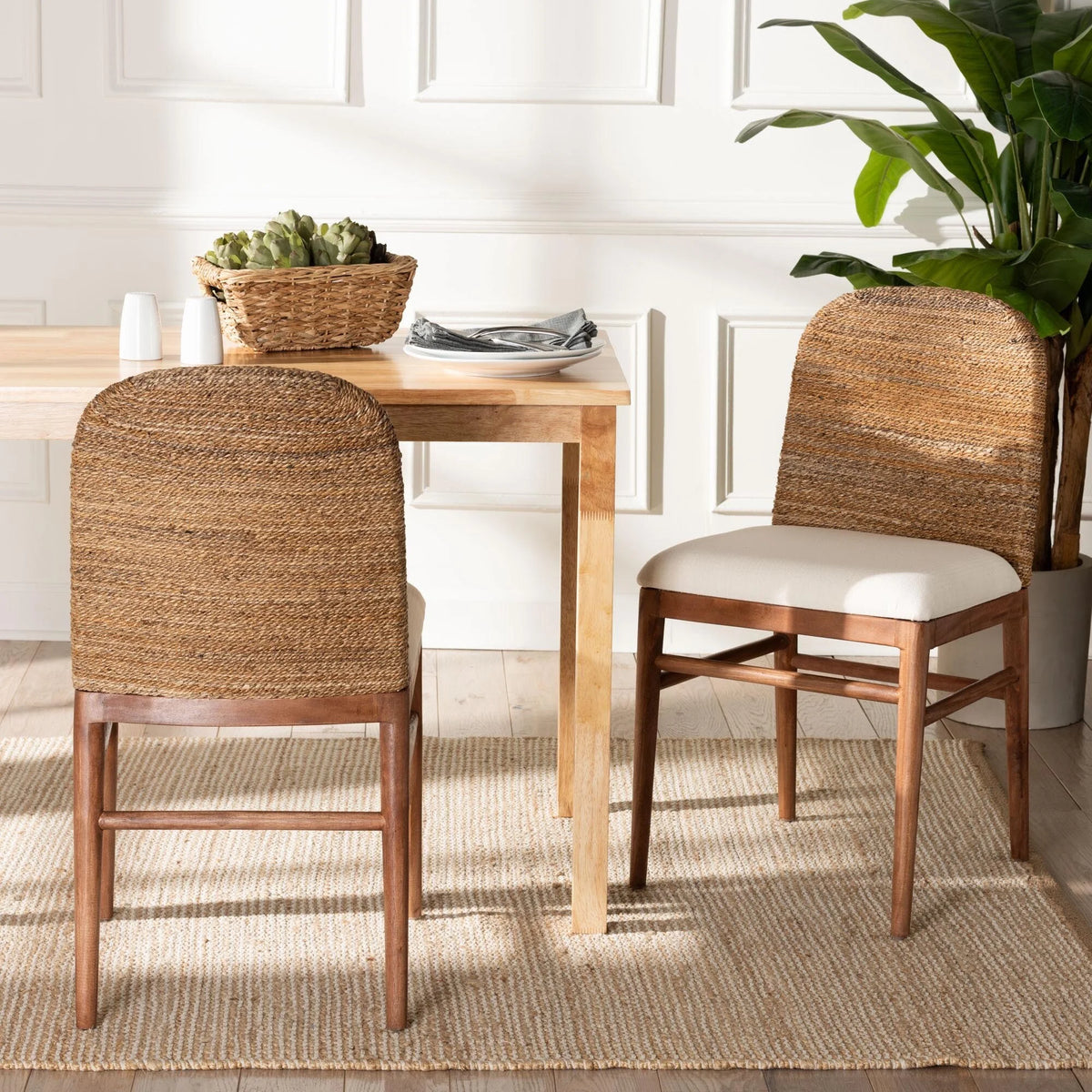 Natural Seagrass and Acacia Wood 2-Piece Dining Chair Set L863