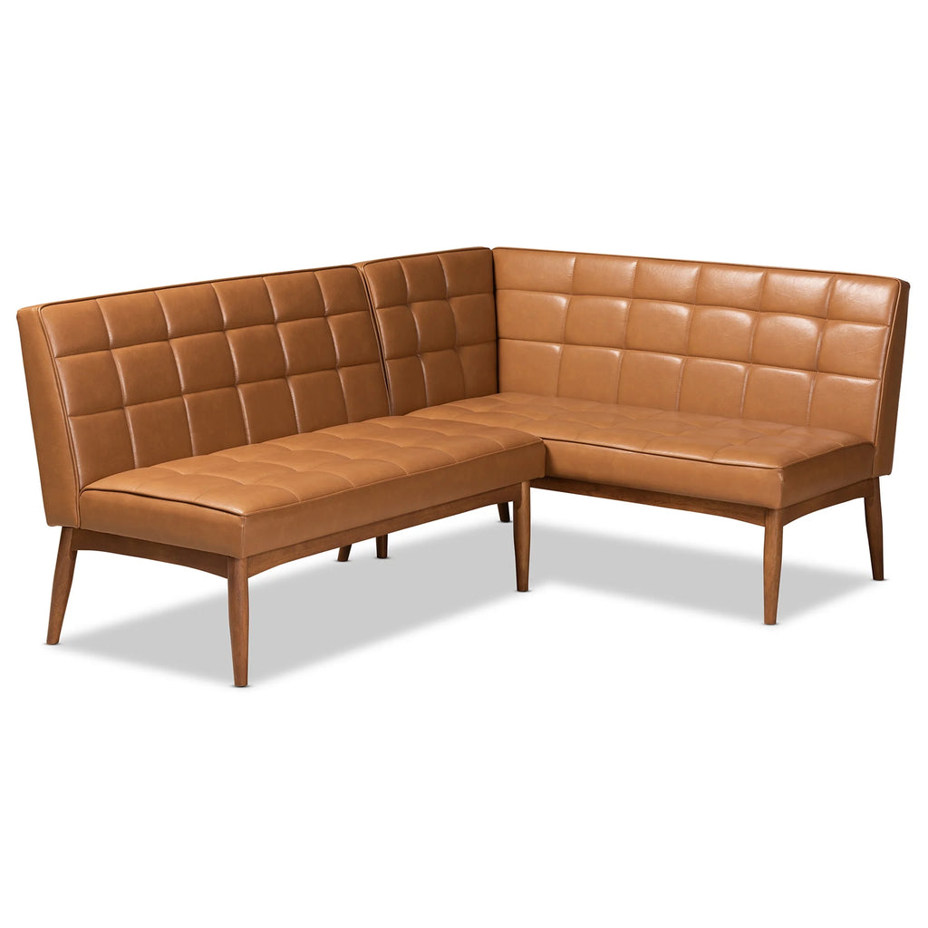 Tan Faux Leather Upholstered Walnut Brown Wood 2-Piece Dining Nook Banquette Set B756518