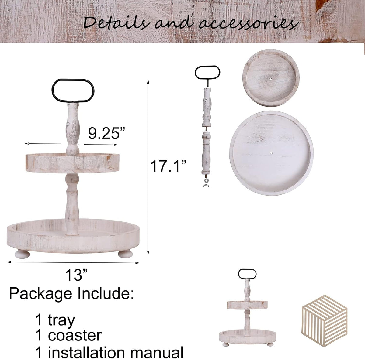 Rustic 2 Tier Cake Stand with Handle and Coaster L48425