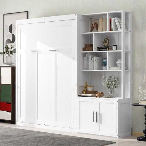 White Wood Full Size Murphy Bed with Storage Shelves R631