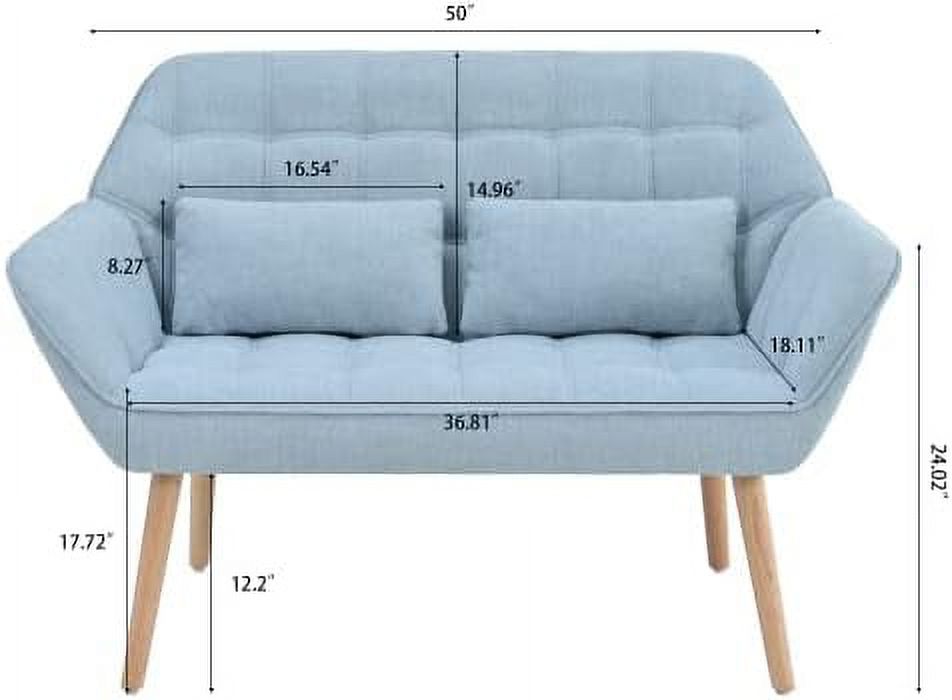 Blue Linen Fabric 2-Seat Loveseat Sofa with 2 Pillow O351