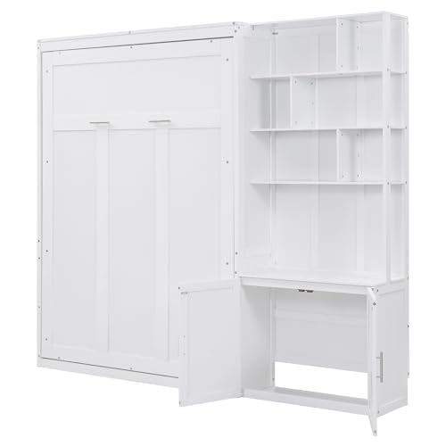 White Wood Full Size Murphy Bed with Storage Shelves R631