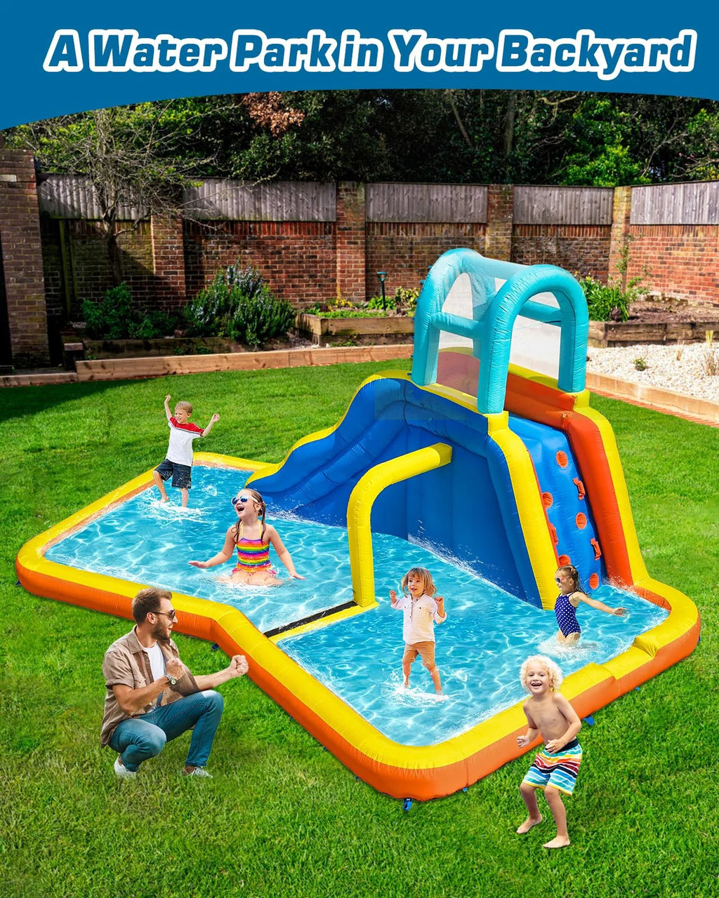 Inflatable Water Slide Park with Spray Pool, Bounce House with Climbing Wall and Blower F42379