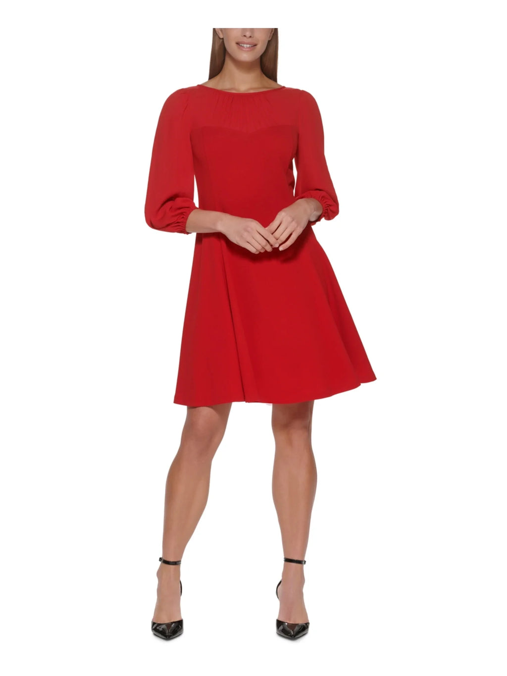 Red Sheer Unlined Pouf Sleeve Round Neck Fit + Flare Dress Y13091