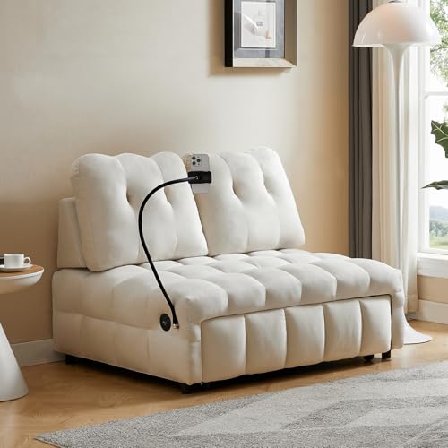 48" Convertible Sleeper Sofa Couch Bed, 3-in-1 Velvet Tufted Pull Out Couch with Charge Ports and Phone Holders, Comfy Modern Loveseat Sleeper Chaise Lounge (Grey) B101