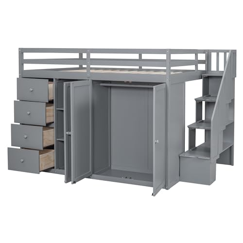 Gray Full Size Loft Bed with Desk Wardrobe 3 Drawers 2 Shelves K77896
