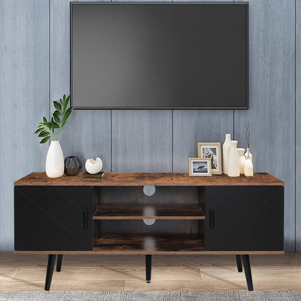 Retro TV Stand with 2 Cabinet & 2 Shelves, Dark Walnut D911091