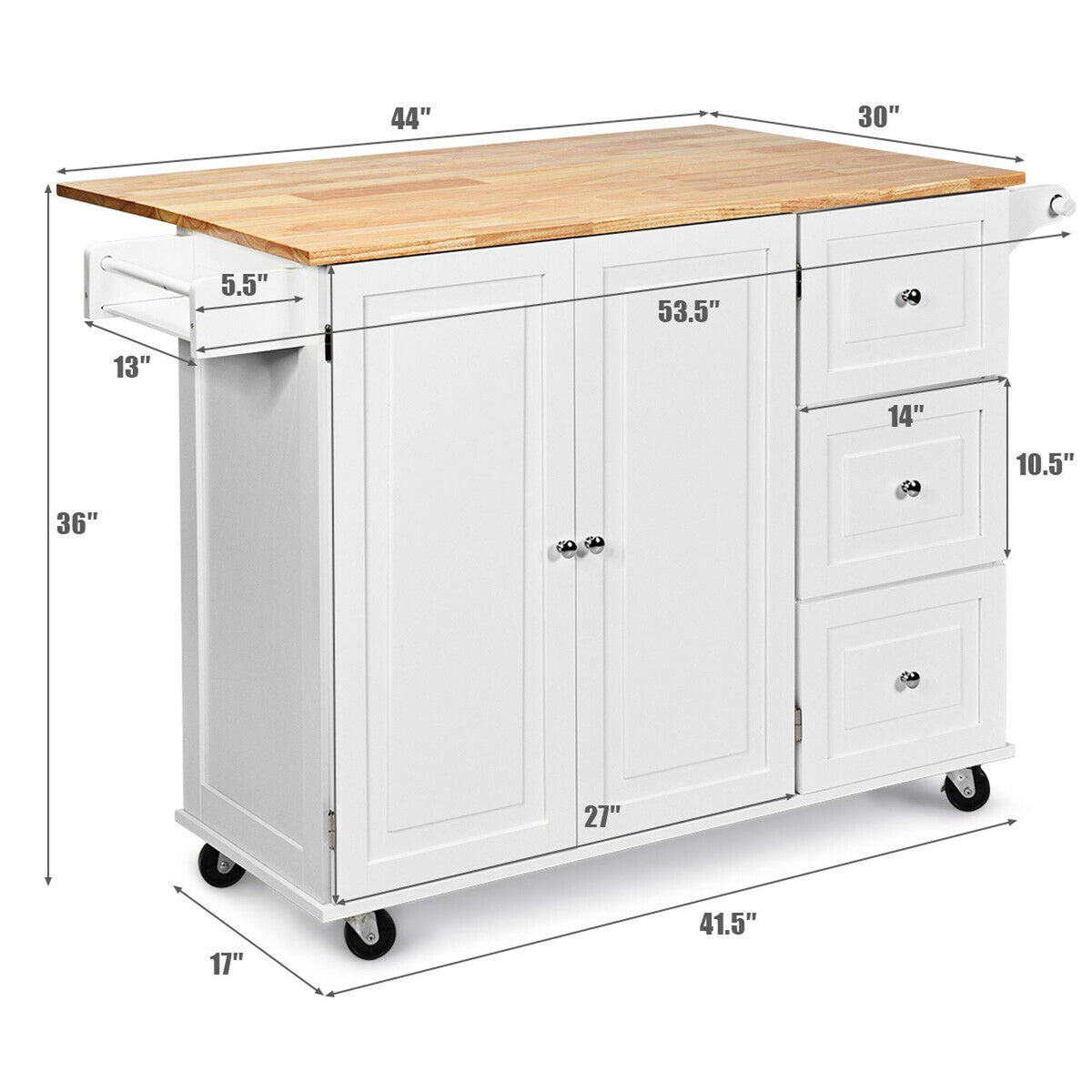 White Drop-Leaf Kitchen Island Trolley Cart Wood Storage Cabinet Q238616