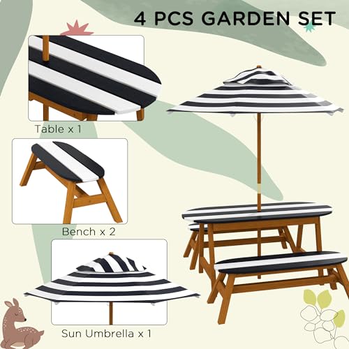 Wooden Kids Table and Benches Set with Umbrella P87219