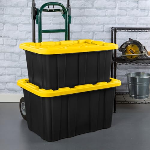 38 Gallon Black/Yellow Stackable Storage Tote with Lid, 8 Pack U4376