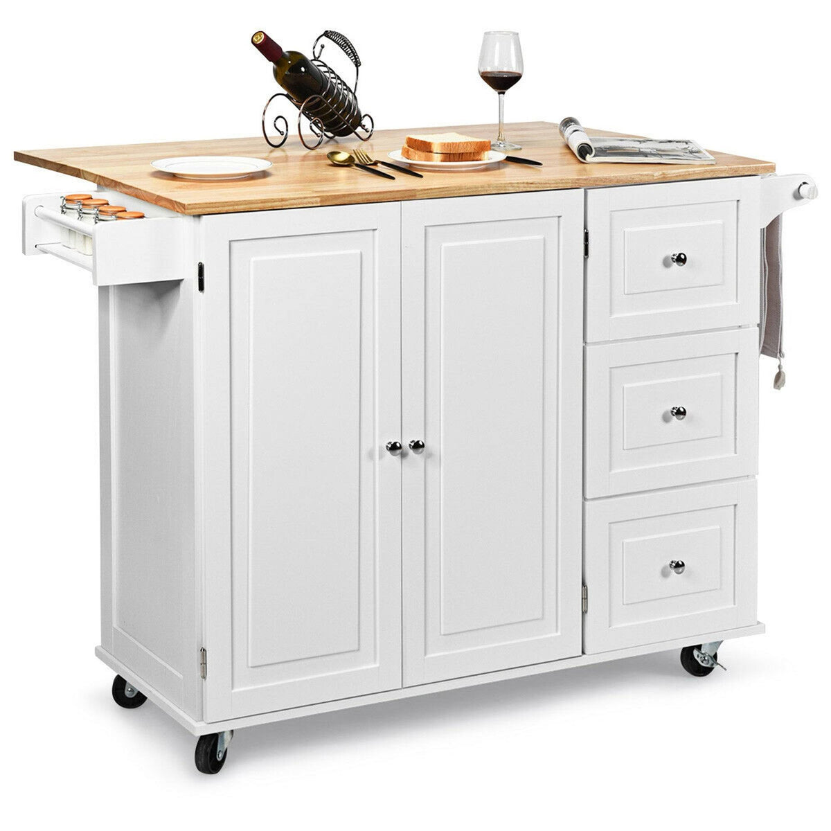 White Drop-Leaf Kitchen Island Trolley Cart Wood Storage Cabinet Q238616