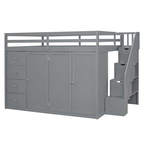 Gray Full Size Loft Bed with Desk Wardrobe 3 Drawers 2 Shelves K77896