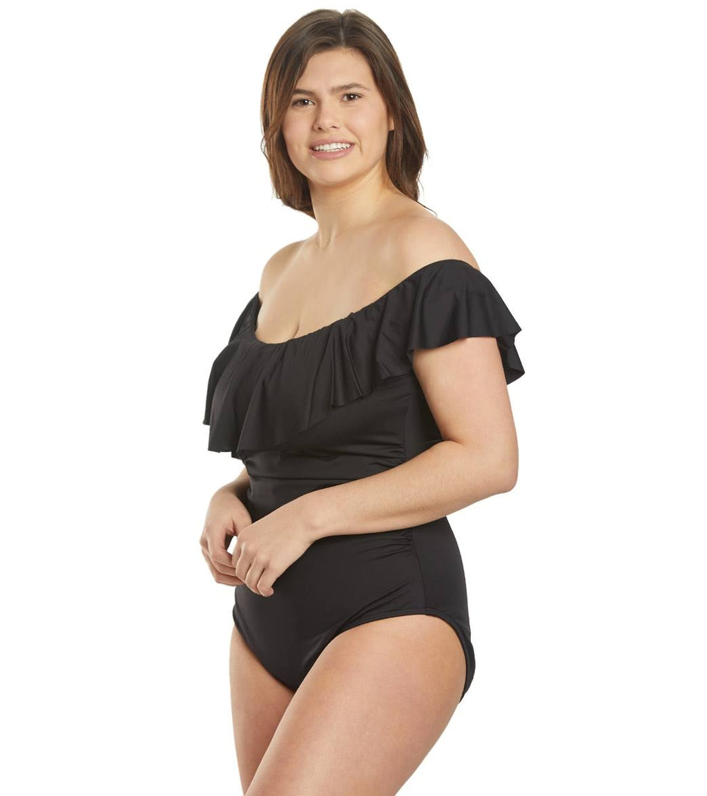 Plus Size Off-The-Shoulder One-Piece Swimsuit - Black L507