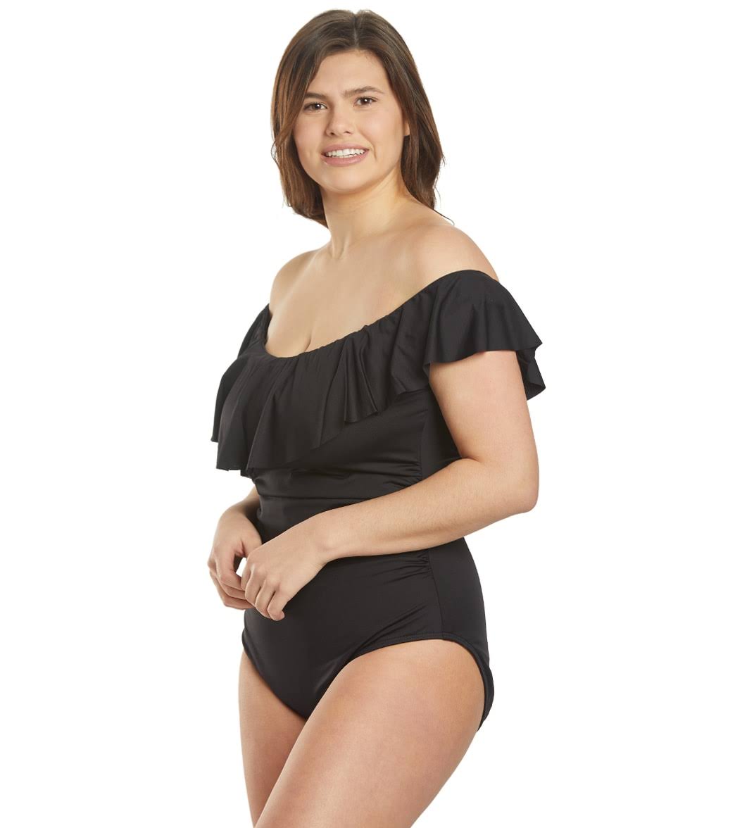 Plus Size Off-The-Shoulder One-Piece Swimsuit - Black L507
