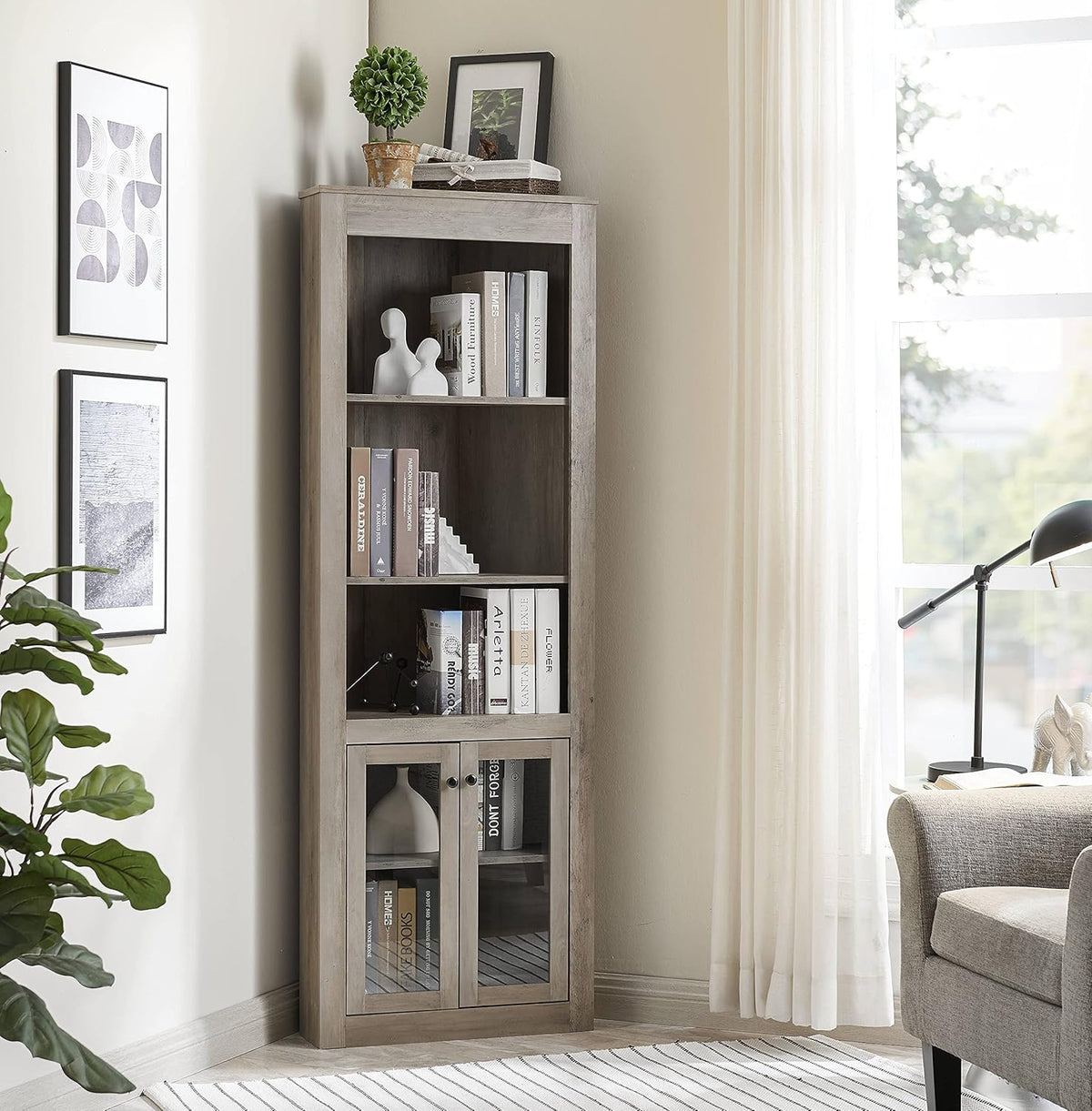 Stone Grey Bar Cabinet Bookshelf with Glass Doors P363