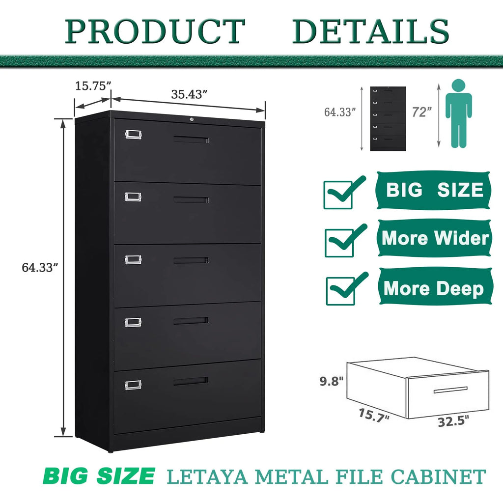 Black Metal 5 Drawer Lateral File Cabinet R381770